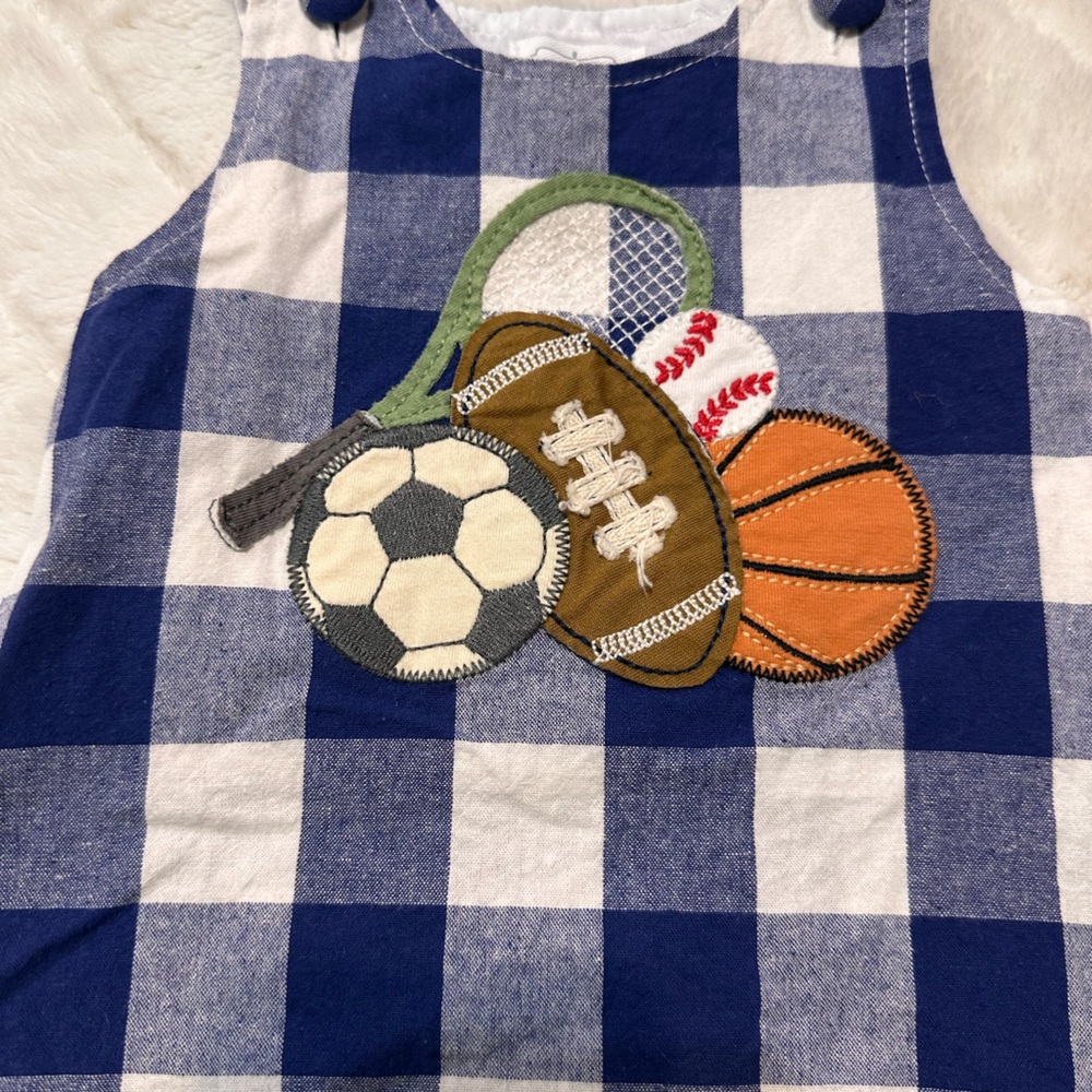 EUC Mud pie navy gingham romper with sports appliqué 3/6months - Picture 2 of 3